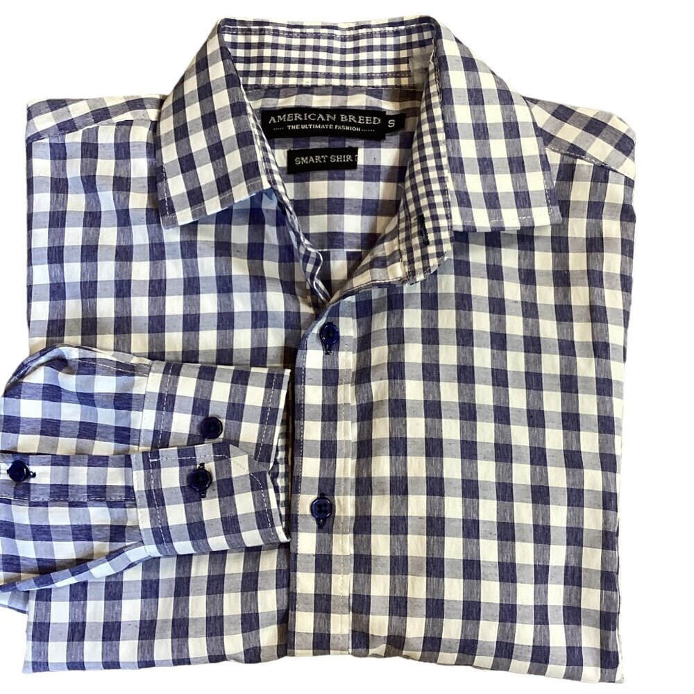 American Breed Smart Shirt Button Up Blue White Check Contrast Sleeve S 202E